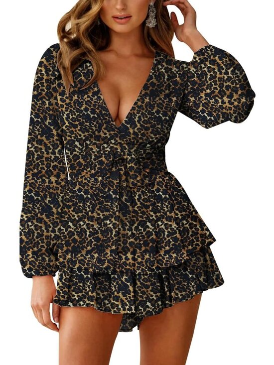 Pants - Women's Brown Leapord Floral Print V Neck Long Sleeve Double Layer Ruffle Romper